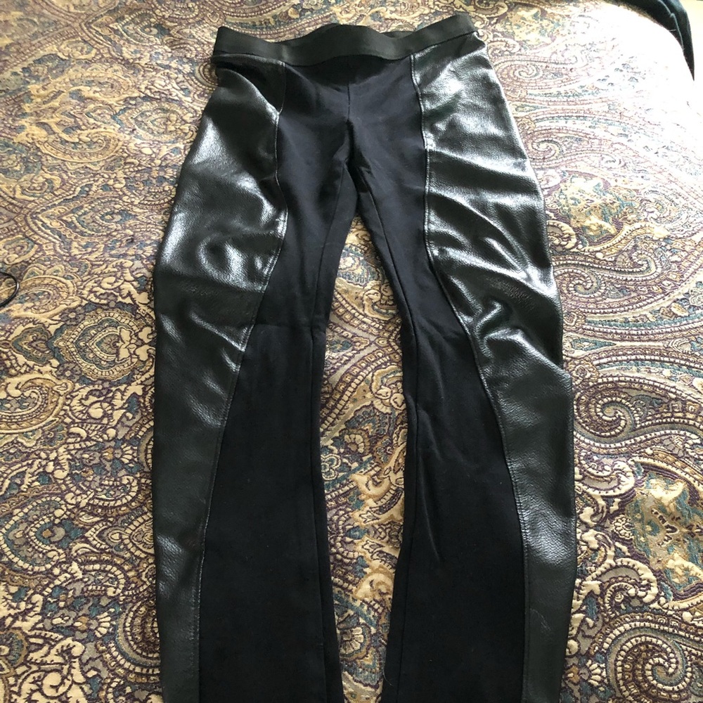 Black faux leather and fabric leggings
